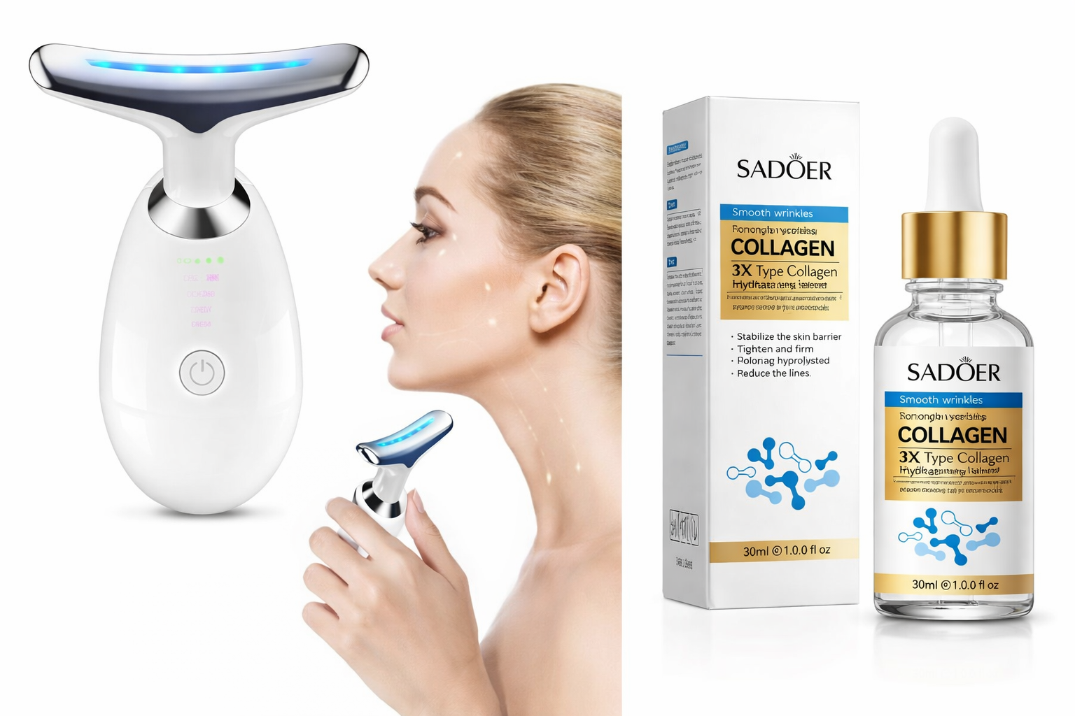 Combo de 1 unidad del masajeador facial lifting EMS y 1 unidad del sérum reafirmante con colágeno